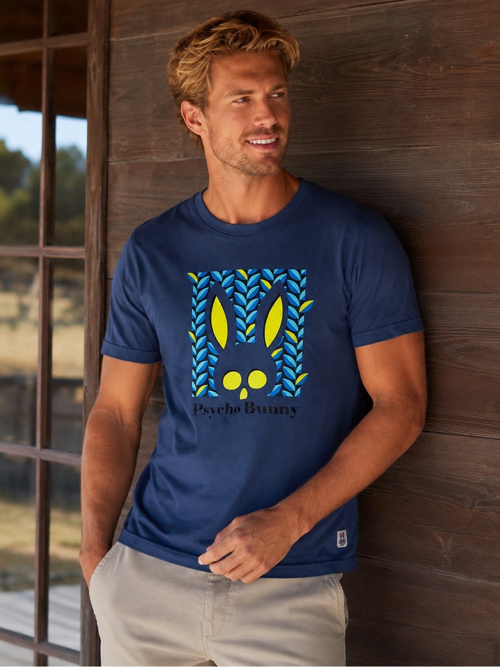 Psycho Bunny Blue Pima Cotton Skull Graphic Tee Neon Leaf Shirt Men's Large